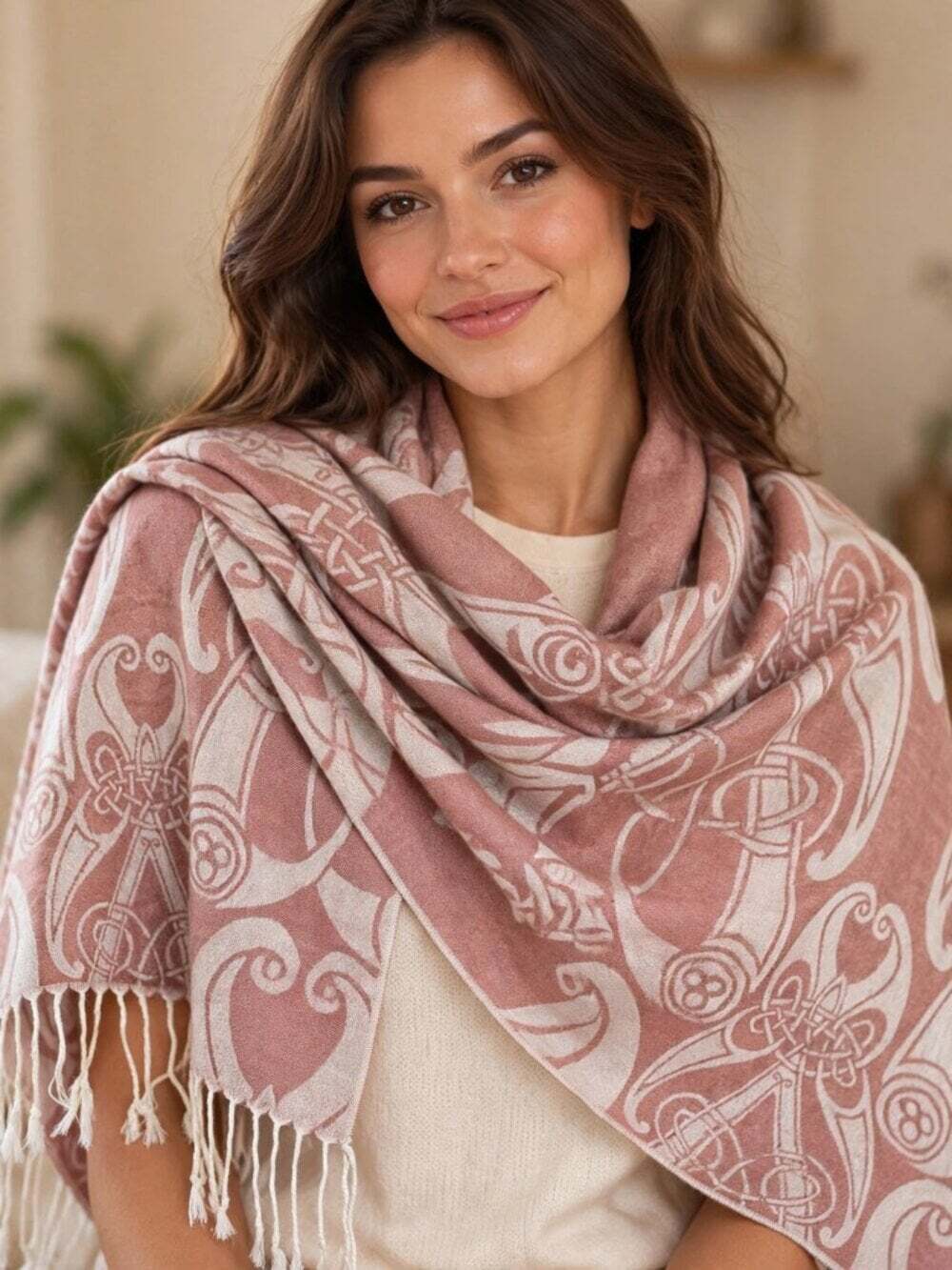 Book of Kells Scarf Silk Blend Celtic Knotwork Wrap Pink Cream Fringe Ireland